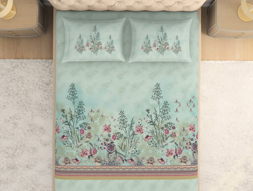 Floral Clearly Aqua - Light Aqua 100% Cotton King Size Bedsheet - Romantica By Spaces