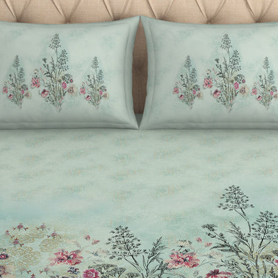 Floral Clearly Aqua - Light Aqua 100% Cotton King Size Bedsheet - Romantica By Spaces