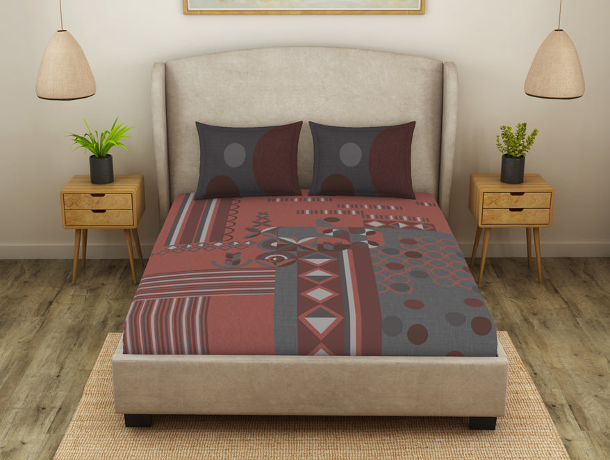 Geometric Coral Almond Cotton Viscose Double Bedsheet - Canvas By Spaces