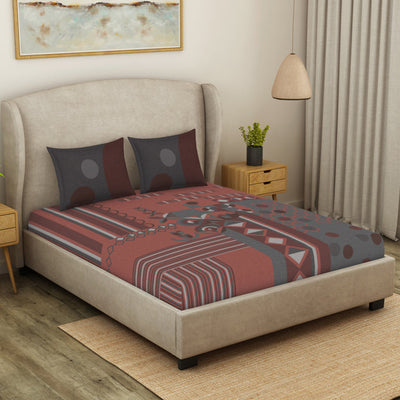 Geometric Coral Almond Cotton Viscose Double Bedsheet - Canvas By Spaces