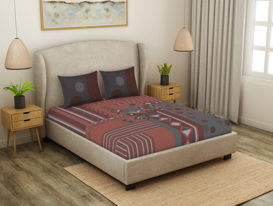 Geometric Coral Almond Cotton Viscose Double Bedsheet - Canvas By Spaces