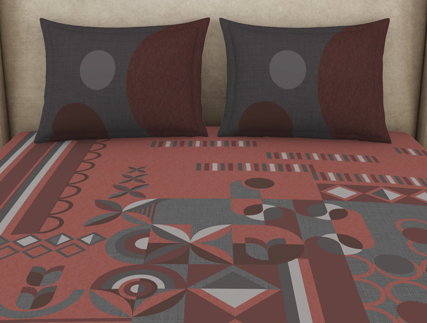 Geometric Coral Almond Cotton Viscose Double Bedsheet - Canvas By Spaces