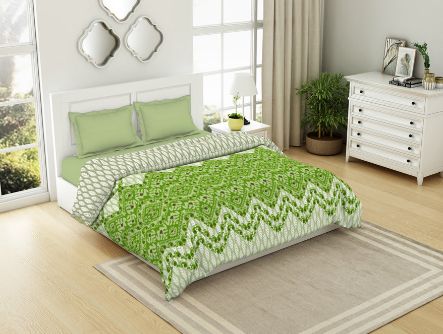 Geometric Titanite - Green 100% Cotton Shell Double Quilt / AC Comforter - Ikkat By Spaces