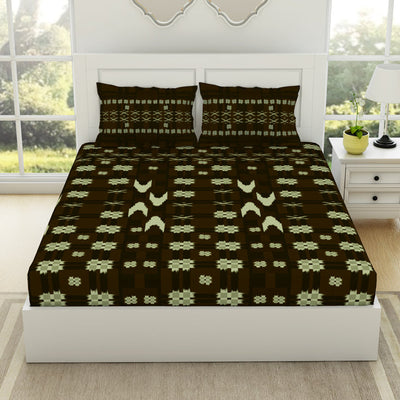 Geometric Gothic Olive - Dark Brown 100% Cotton King Size Bedsheet - Ikkat By Spaces