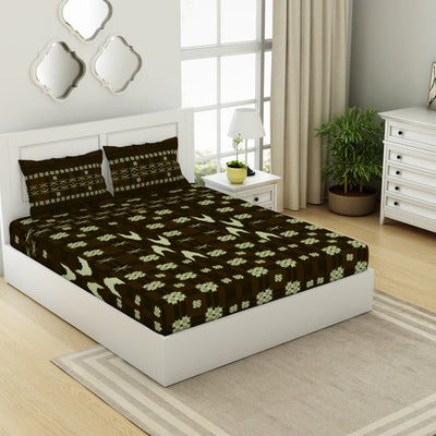 Geometric Gothic Olive - Dark Brown 100% Cotton King Size Bedsheet - Ikkat By Spaces