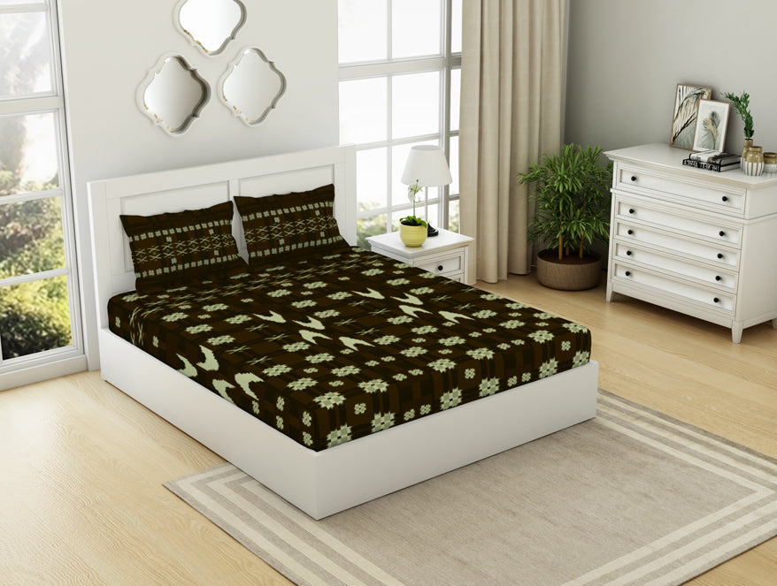 Geometric Gothic Olive - Dark Brown 100% Cotton King Size Bedsheet - Ikkat By Spaces