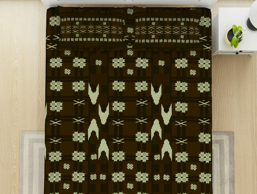 Geometric Gothic Olive - Dark Brown 100% Cotton King Size Bedsheet - Ikkat By Spaces