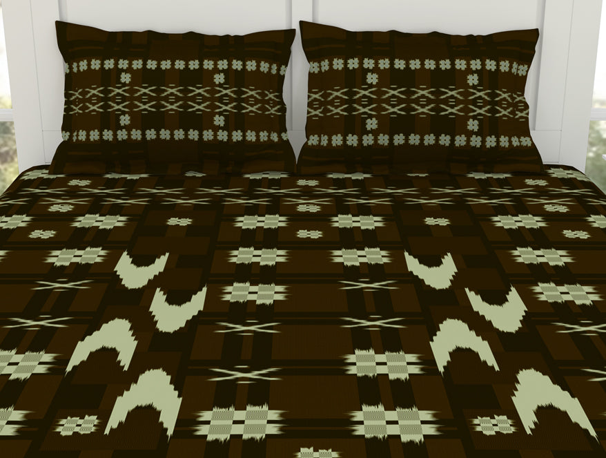 Geometric Gothic Olive - Dark Brown 100% Cotton King Size Bedsheet - Ikkat By Spaces