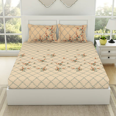 Floral Whisper White - Cream 100% Cotton King Size Bedsheet - Lattice By Spaces