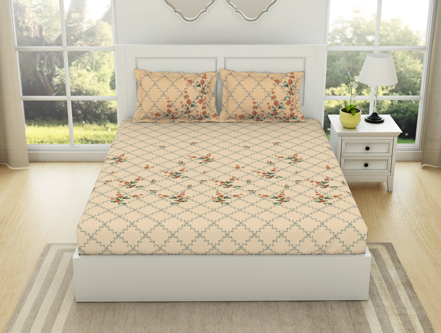 Floral Whisper White - Cream 100% Cotton King Size Bedsheet - Lattice By Spaces