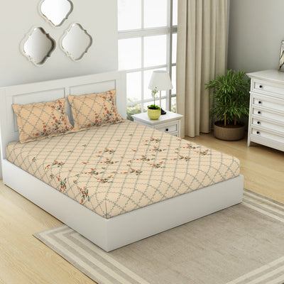 Floral Whisper White - Cream 100% Cotton King Size Bedsheet - Lattice By Spaces
