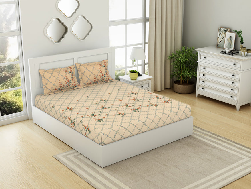 Floral Whisper White - Cream 100% Cotton King Size Bedsheet - Lattice By Spaces