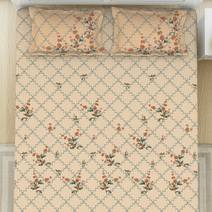 Floral Whisper White - Cream 100% Cotton King Size Bedsheet - Lattice By Spaces