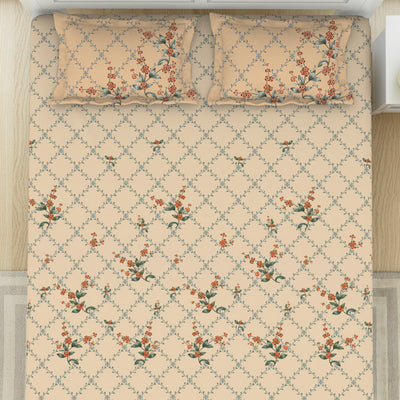 Floral Whisper White - Cream 100% Cotton King Size Bedsheet - Lattice By Spaces