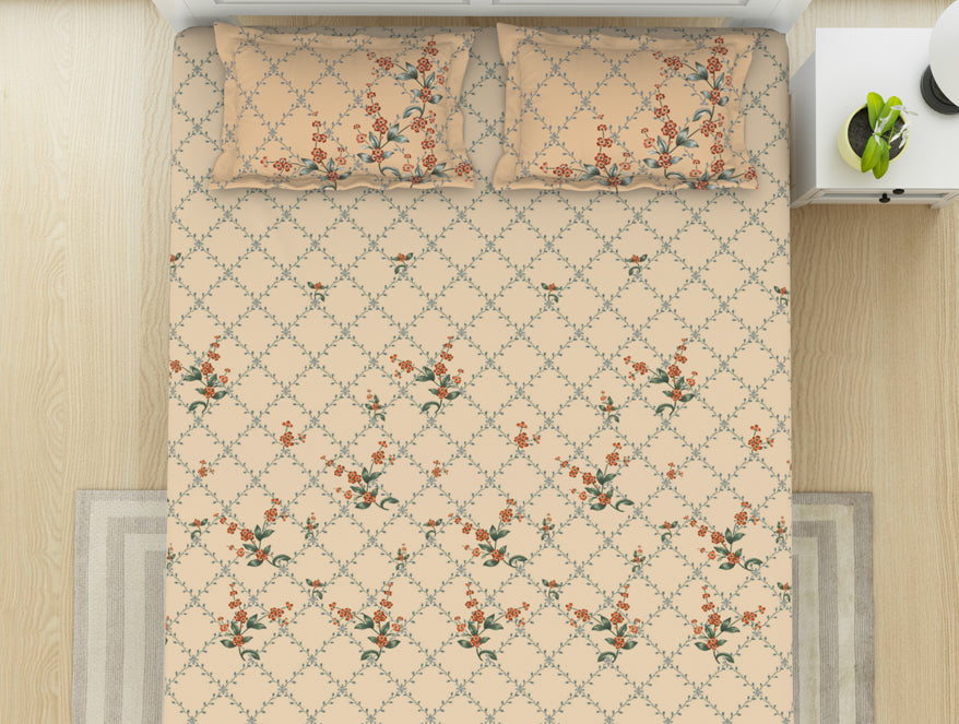 Floral Whisper White - Cream 100% Cotton King Size Bedsheet - Lattice By Spaces