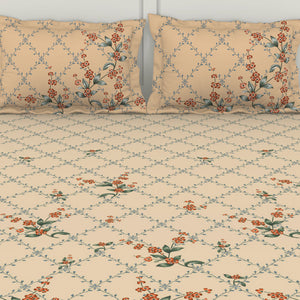 Floral Whisper White - Cream 100% Cotton King Size Bedsheet - Lattice By Spaces