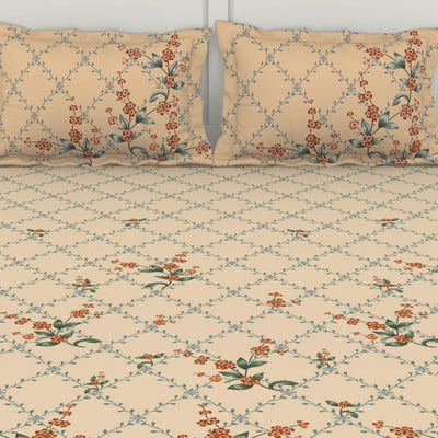 Floral Whisper White - Cream 100% Cotton King Size Bedsheet - Lattice By Spaces