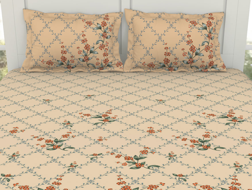 Floral Whisper White - Cream 100% Cotton King Size Bedsheet - Lattice By Spaces