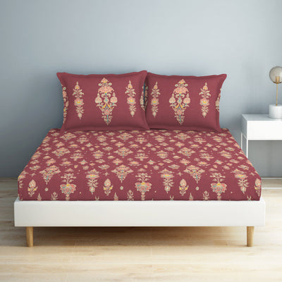 Floral Clared Red - Red 100% Cotton Double Bedsheet - Aurum By Spaces