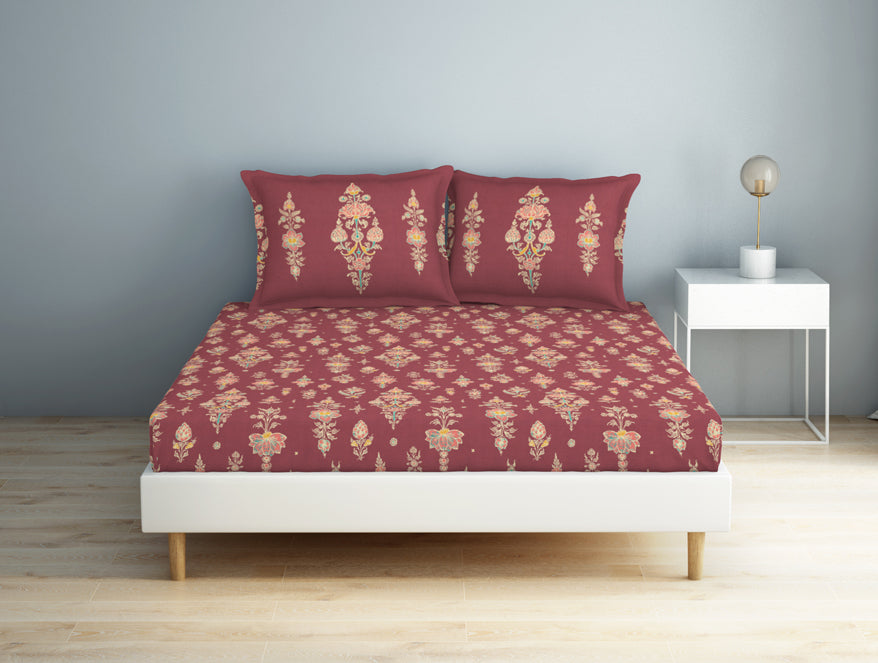 Floral Clared Red - Red 100% Cotton Double Bedsheet - Aurum By Spaces
