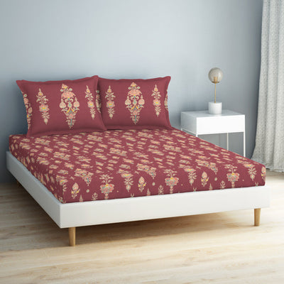 Floral Clared Red - Red 100% Cotton Double Bedsheet - Aurum By Spaces