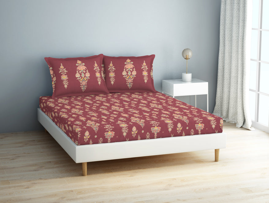 Floral Clared Red - Red 100% Cotton Double Bedsheet - Aurum By Spaces