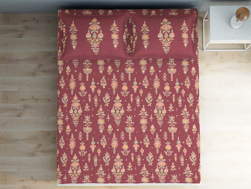 Floral Clared Red - Red 100% Cotton Double Bedsheet - Aurum By Spaces