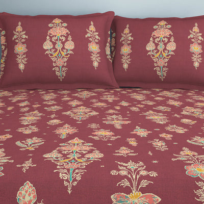 Floral Clared Red - Red 100% Cotton Double Bedsheet - Aurum By Spaces