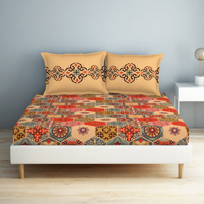 Geometric Creampuff - Light Orange 100% Cotton Double Bedsheet - Aurum By Spaces