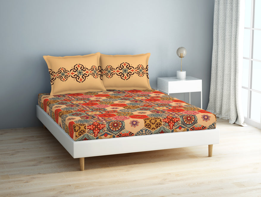 Geometric Creampuff - Light Orange 100% Cotton Double Bedsheet - Aurum By Spaces