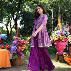 Geometric Purple Elegance Printed Satin Sharara Set