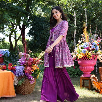 Geometric Purple Elegance Printed Satin Sharara Set