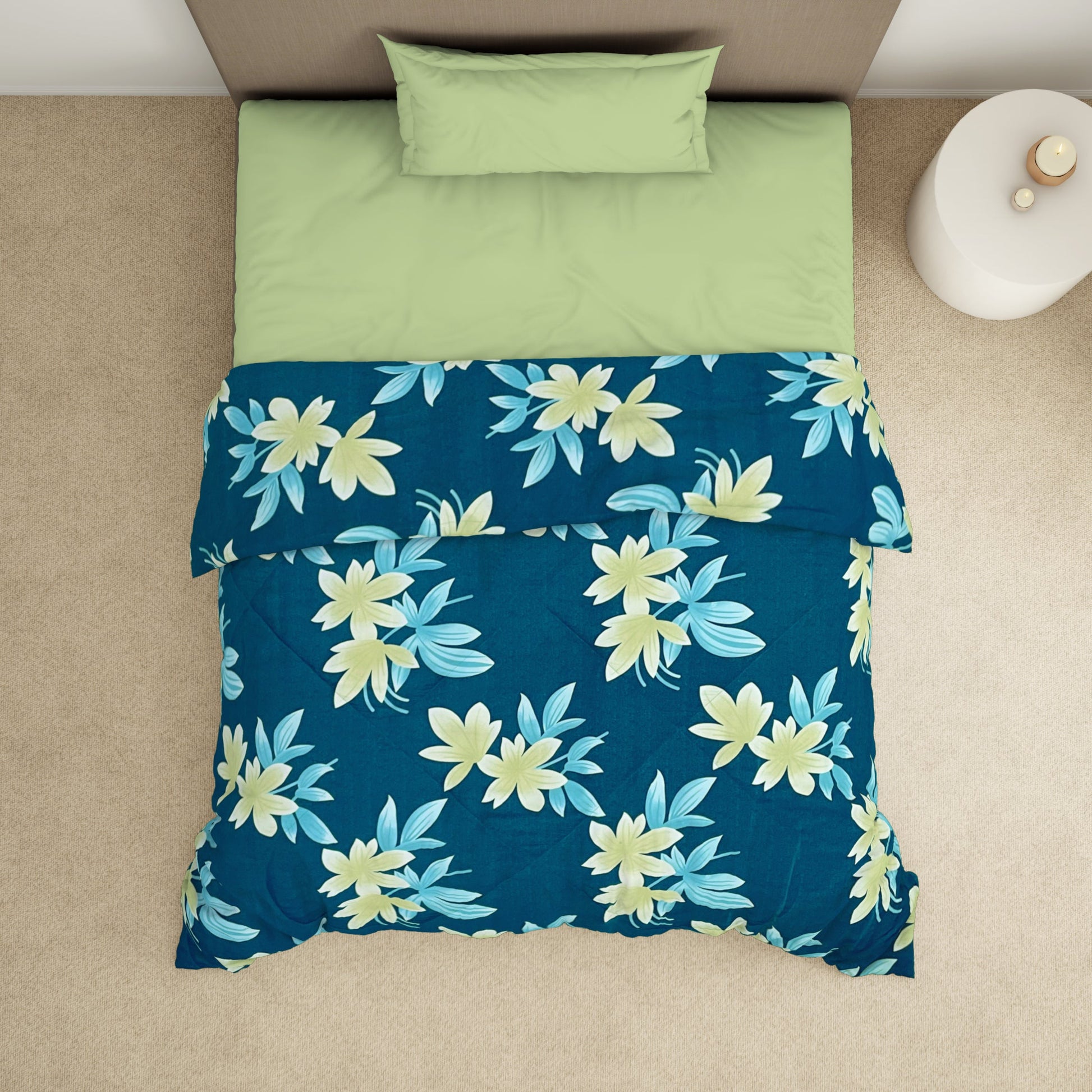 Floral Dark Blue Microfiber Shell Single Quilt / AC Comforter - Bliss By Welspun
