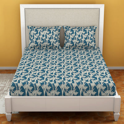 Floral Blue Sapphire - Dark Blue Microfiber Double Bedsheet - Dazzle By Welspun