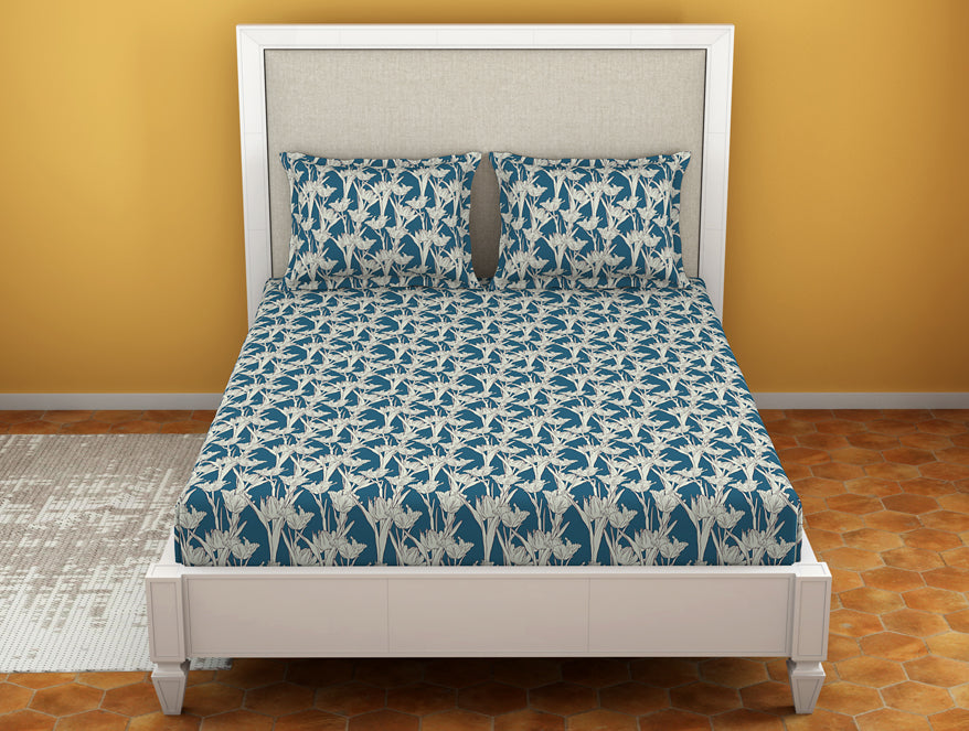 Floral Blue Sapphire - Dark Blue Microfiber Double Bedsheet - Dazzle By Welspun
