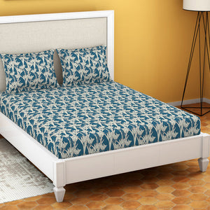 Floral Blue Sapphire - Dark Blue Microfiber Double Bedsheet - Dazzle By Welspun