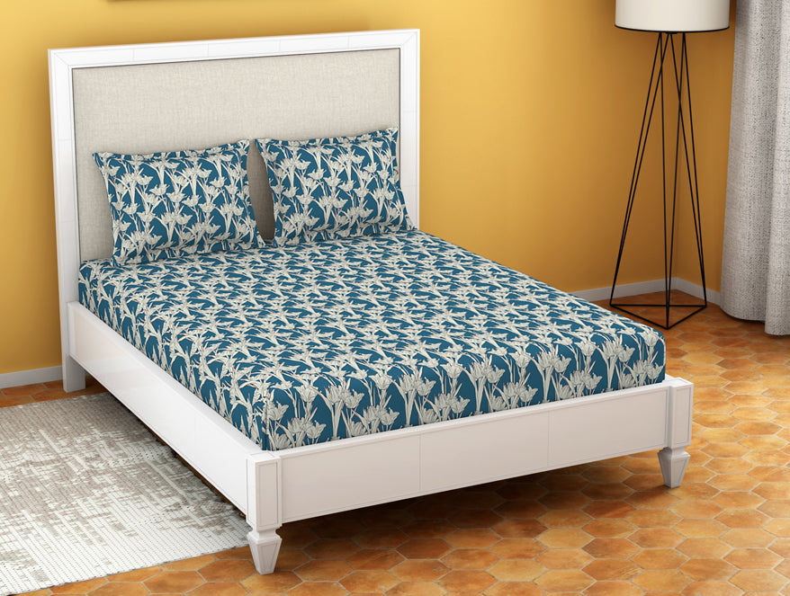 Floral Blue Sapphire - Dark Blue Microfiber Double Bedsheet - Dazzle By Welspun