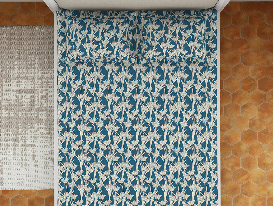Floral Blue Sapphire - Dark Blue Microfiber Double Bedsheet - Dazzle By Welspun