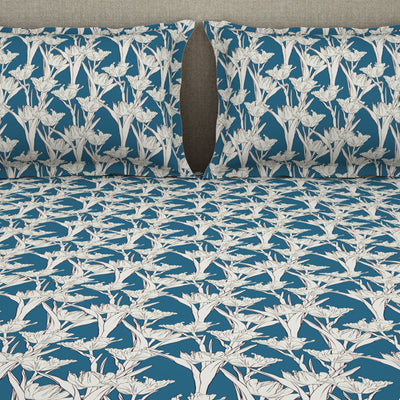 Floral Blue Sapphire - Dark Blue Microfiber Double Bedsheet - Dazzle By Welspun