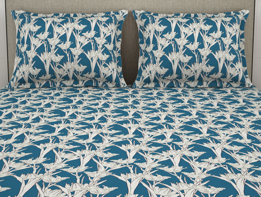 Floral Blue Sapphire - Dark Blue Microfiber Double Bedsheet - Dazzle By Welspun