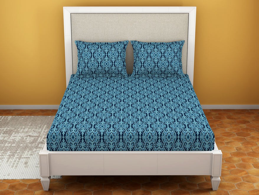 Ornate Poseidon - Dark Blue Microfiber Double Bedsheet - Dazzle By Welspun