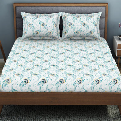 Floral Capri - Light Blue Polycotton King Size Bedsheet - Wonder Full By Welspun
