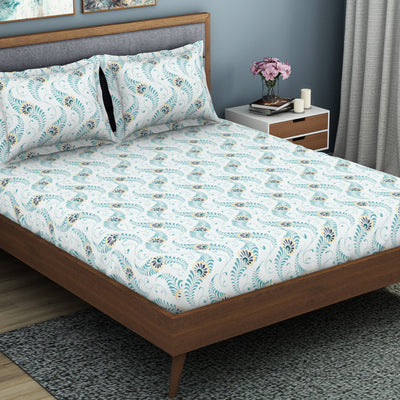 Floral Capri - Light Blue Polycotton King Size Bedsheet - Wonder Full By Welspun