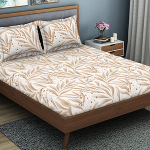 Floral Ginger Root - Light Brown Polycotton King Size Bedsheet - Wonder Full By Welspun