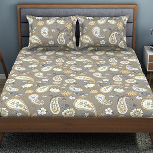 Floral Crockery - Taupe Polycotton King Size Bedsheet - Wonder Full By Welspun