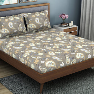 Floral Crockery - Taupe Polycotton King Size Bedsheet - Wonder Full By Welspun