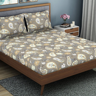 Floral Crockery - Taupe Polycotton King Size Bedsheet - Wonder Full By Welspun