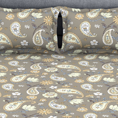 Floral Crockery - Taupe Polycotton King Size Bedsheet - Wonder Full By Welspun