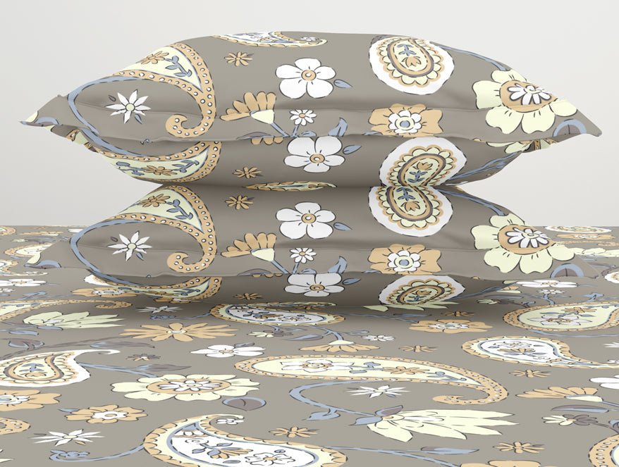Floral Crockery - Taupe Polycotton King Size Bedsheet - Wonder Full By Welspun