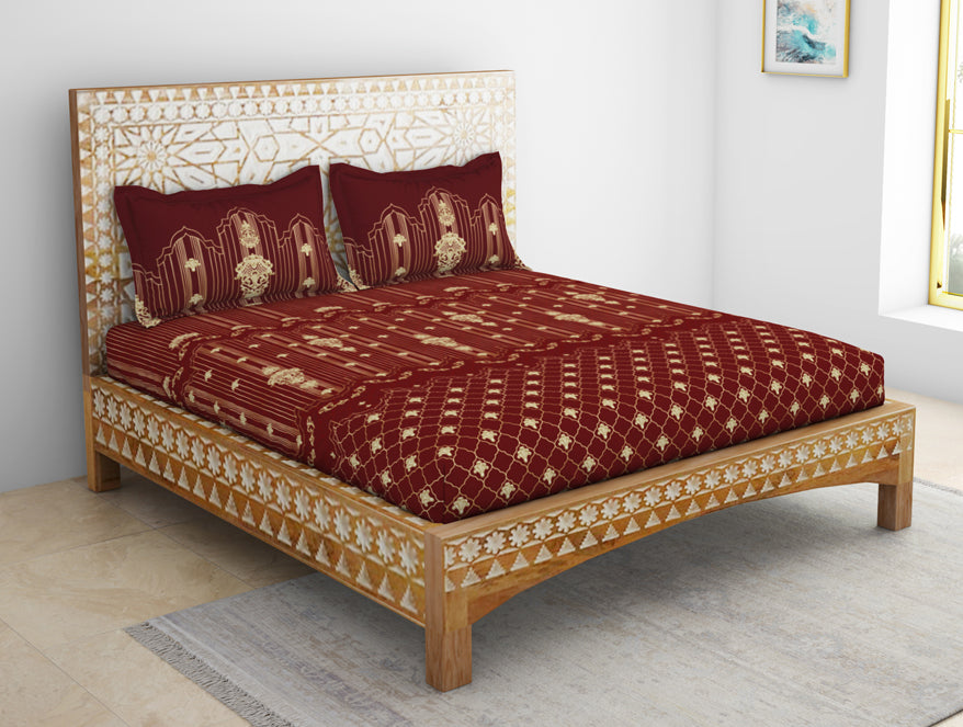 Carving Ornate Red 100% Cotton King Size Bedsheet - Rangana by Spaces